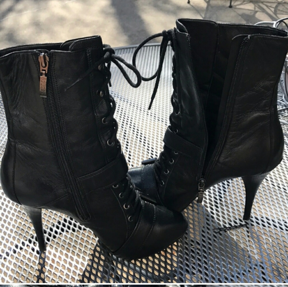 Guess black leather lace-up stiletto ankle boots